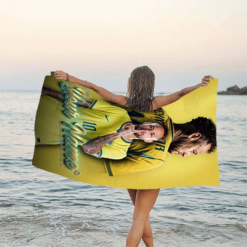 1pc Brazilian football player Beach Towel with Custom Name, Beach and Seaside Swimming Pool Equipment, Fashion Pattern, Rectangular, Travel Essential