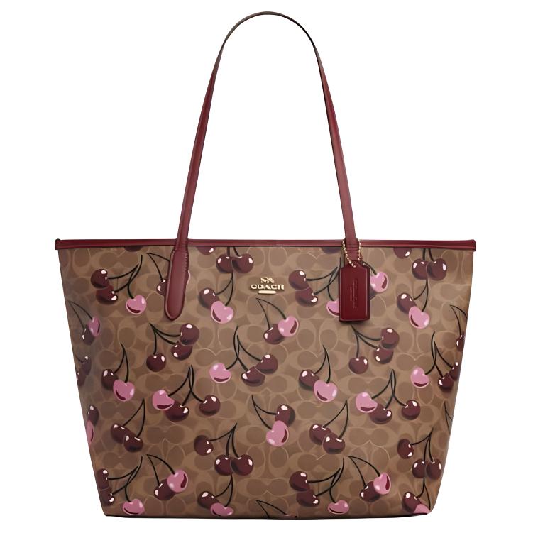 Coach City 33 Logo Cherry Print Faux Leather Tote Bag Women tote Brown Yellow CY691-IMTAM