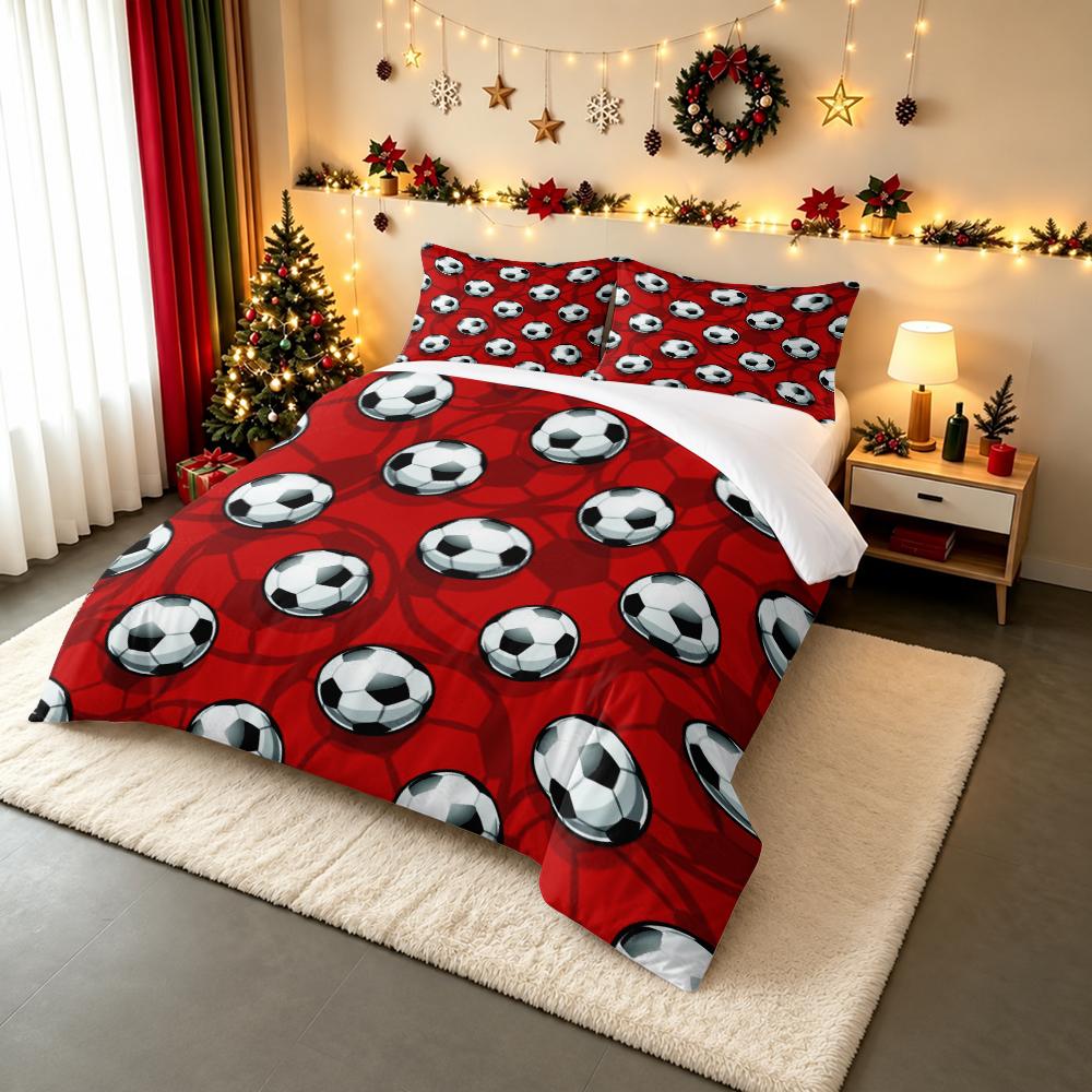Red and Black White Soccer Ball Repeat Bedding set (1 duvet cover, 2 pillowcases, duvet not included), Football Sports Pattern Art