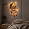 Decorative Moon Sculpture for Shelf Lighted Crescent Wall Decor with Stars Pendants, Rustic Wooden Hanging Pendant Light Bedroom LED Light, Farmhouse