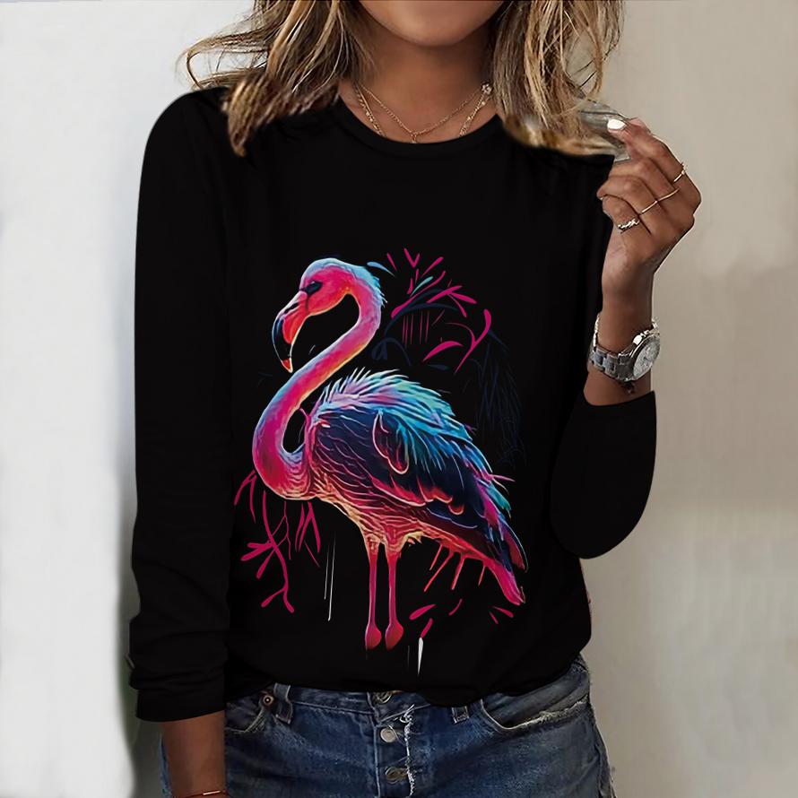 Tops For Women Q-version Flamingo Print Round Neck Long Sleeve T-shirt Fall Casual Slim Pullover Women's Long Sleeve Top