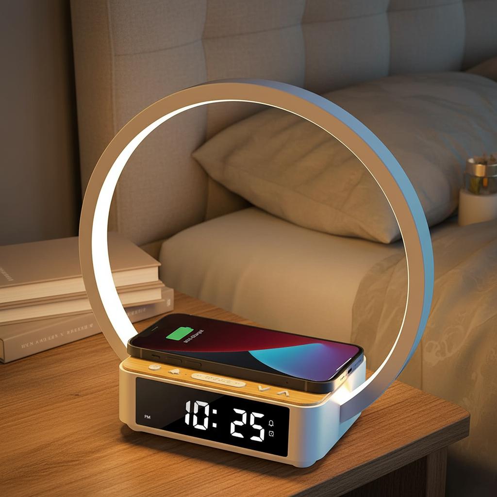 Modern European Circular Touch Control 3-Color Warm White ABS Bedroom LED Night Light Time Display Dimmable Wireless Charger