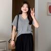 Plus-Size Slimming Summer Casual V-Neck Short-Sleeve T-Shirt for Slightly Chubby Women, Conceals Belly, Regular Shoulder Top 3602