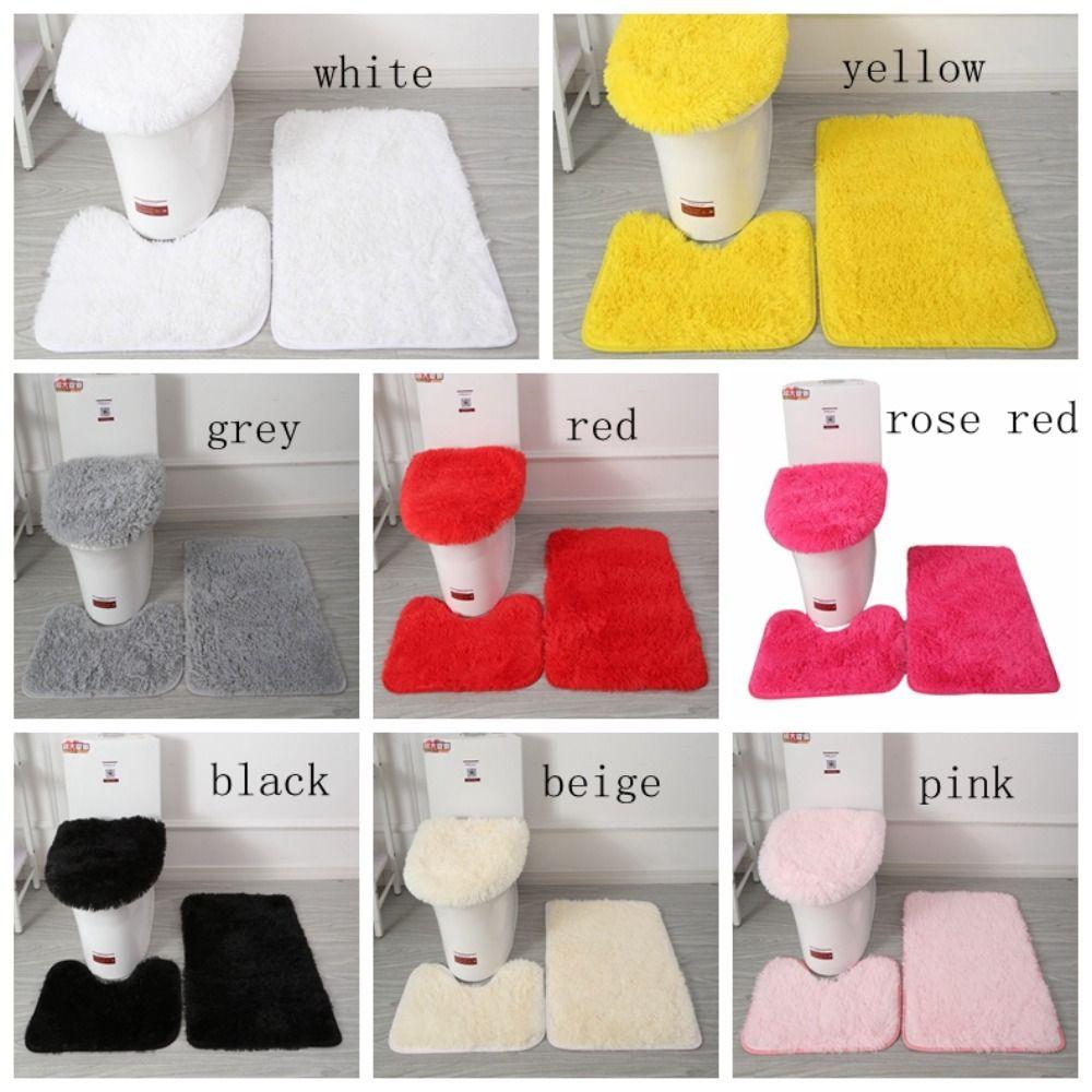 3pcs/set Fluffy Hairs Toilet Lid Cover Rugs Solid Color Shower Carpets Sets Shower Room