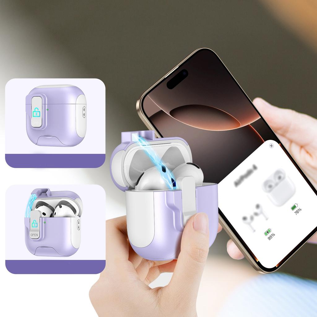 Security Lock Case for AirPods 4 3,Compatible with AirPods 4th Case,Automatic Magnetic Lock with Phone Holder,Shockproof Cover
