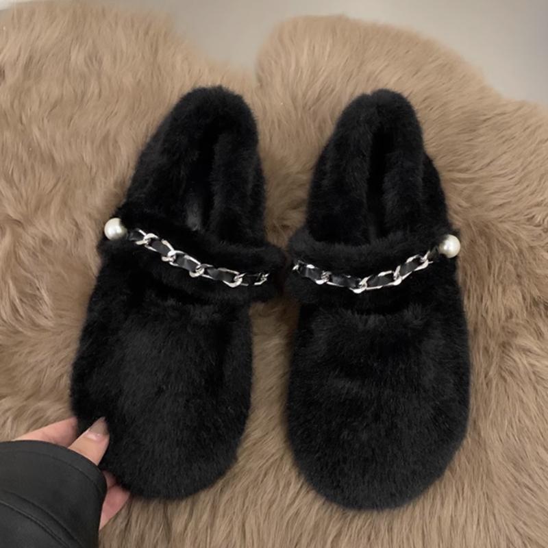 Модные женские туфли на плоской подошве с меховой цепочкой, осенняя новая дизайнерская повседневная обувь для женщин 2024 года, трендовая домашняя хлопковая обувь, удобное платье для прогулок Mujer Zapatos
