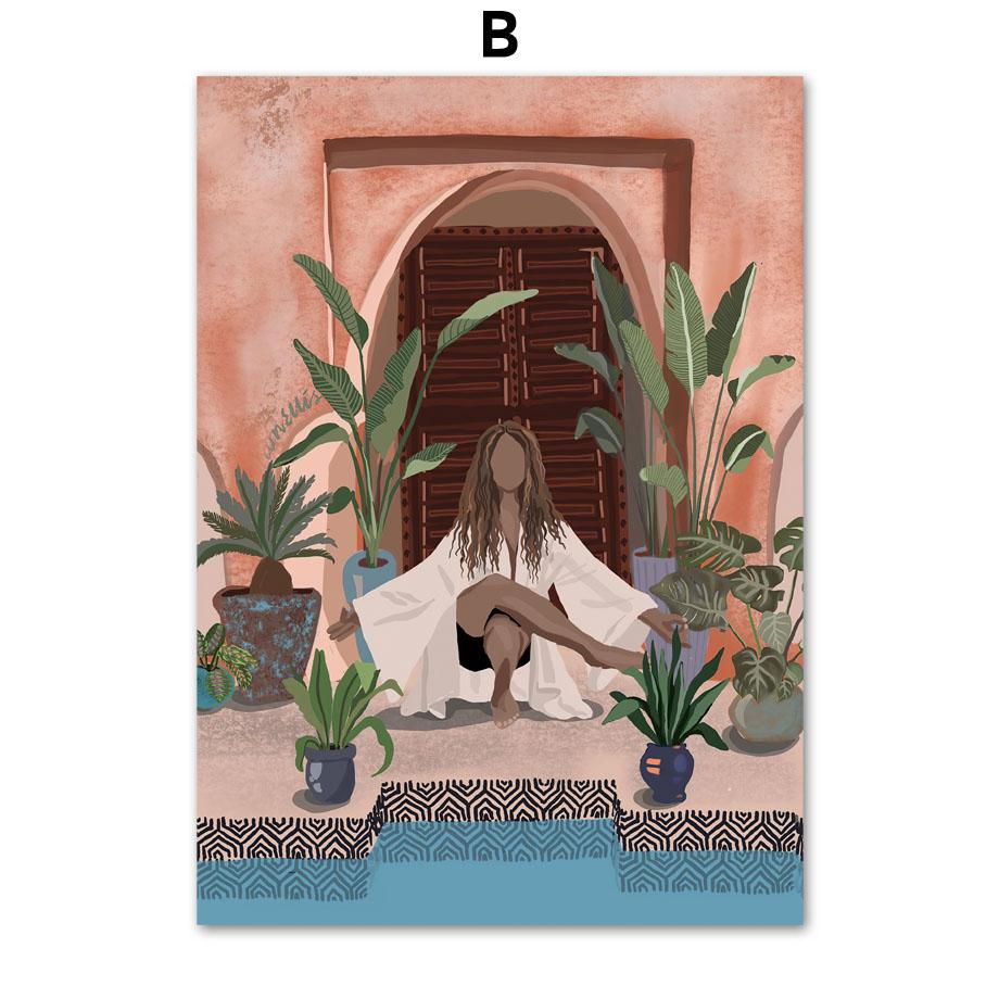 Абстрактная модная девушка, читающая йогу, отдых, пальмовый лист, скандинавский плакат, настенный художественный принт, холст, картина, Декор, фотографии для гостиной