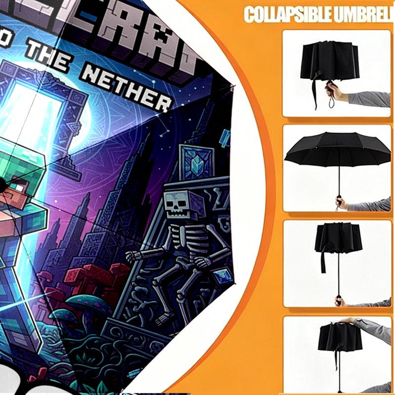 Custom Name Personalized Minecaraft Print Umbrella, Auto Open Close, 8‑Rib Sturdy Frame, Commute Camping Hiking Use, Birthday Gift