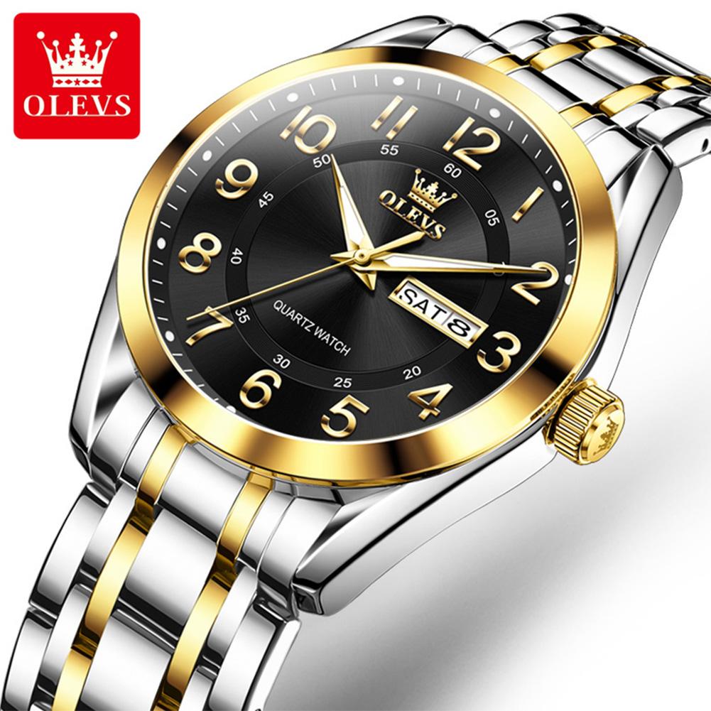 OLEVS 3666 Luxury Man Watch Stainless Steel Waterproof Dual Calendar Classic Large Digital Dial Original Quartz Watches for Men