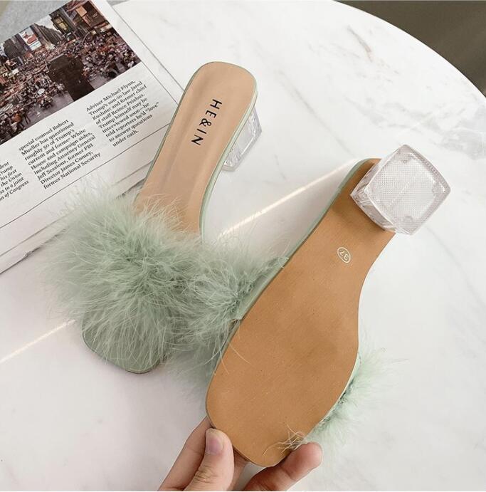 Женские туфли на высоком каблуке с прозрачными кристаллами, женские тапочки с перьями и мехом, туфли-лодочки, женские милые плюшевые тапочки, размер 35-43