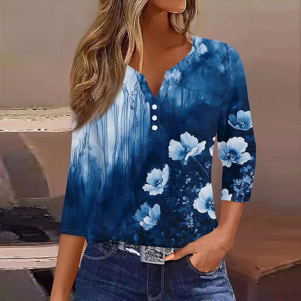 Women's Fashion Casual Floral Print V-Neck Decorative Button Three-quarter Sleeve T-Shirt Top