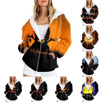 Женская мода повседневная толстовка с принтом на Хэллоуин осень-зима с длинным рукавом кардиган с карманами на молнии куртка с капюшоном