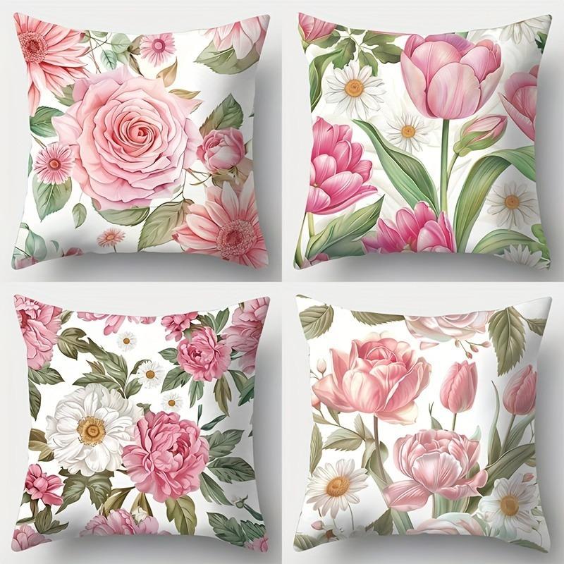 Watercolor-style pink flower pattern Double-sided Printed pillow cover Short plush Suitable living rooms throw cushion cover
