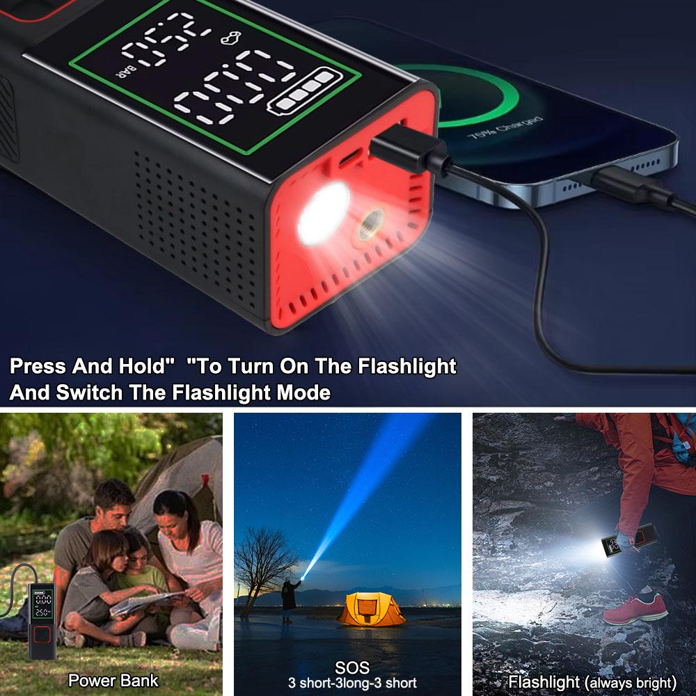 Испытание давления в шинах, воздушный насос для шин 160 фунтов на квадратный дюйм, 6000 мАч, со светодиодным фонариком, портативный цифровой автомобильный воздушный компрессор мощностью 150 Вт