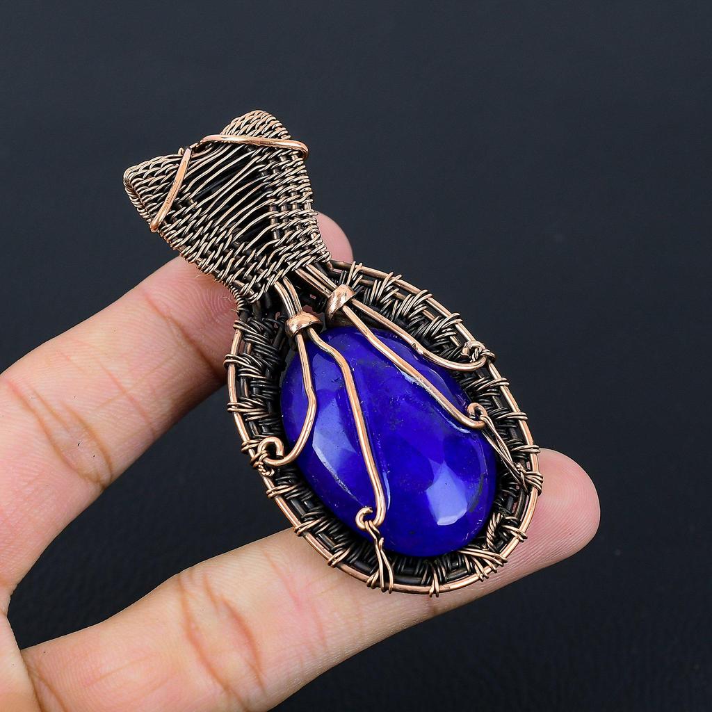 Lab-Created Blue Sapphire & Moonstone Gemstone Pure Copper Wire Wrap Handmade Wonderful Jewelry Pendant