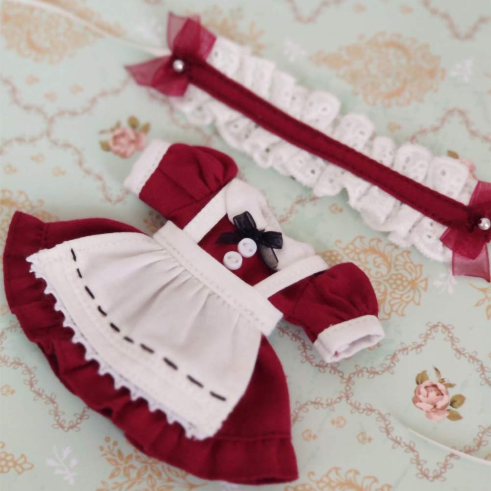 rakulifey Obitsu 11 Costume One Piece Obitsu 11 Clothes Maid Clothes with Hair Ornament for Obitsu Doll 11cm 4 Colors (Light Wine)