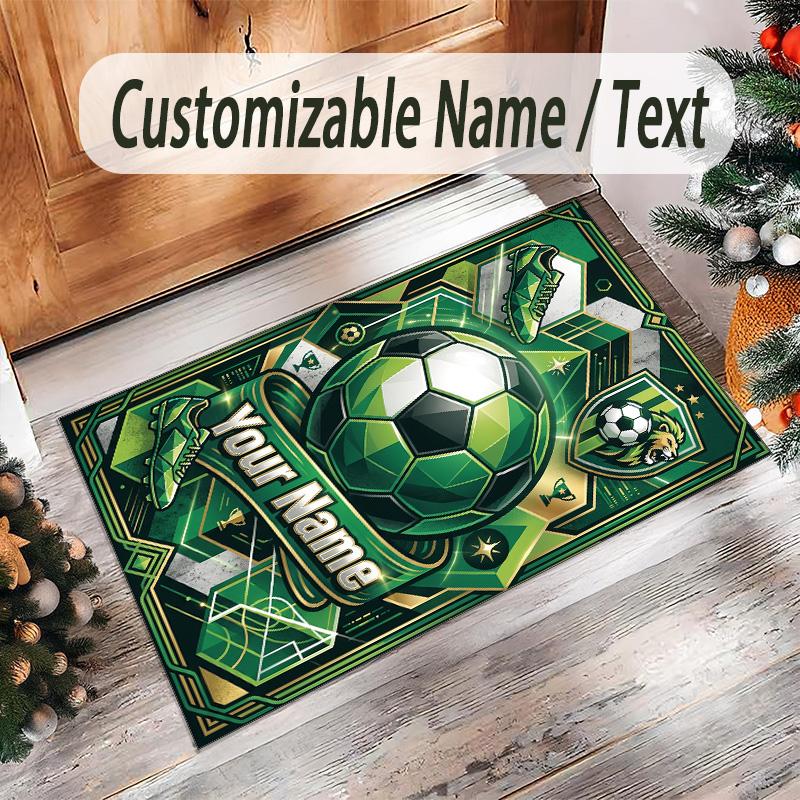 Soccer Theme Crystal Velvet Floor Rug Personalized Custom Name Text Warm Carpet Home Decoration