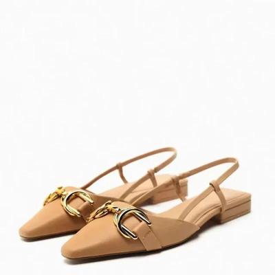 Модные туфли-лодочки на низком каблуке с открытой пяткой, летние белые металлические украшения с острым концом, женские сандалии, туфли-лодочки, модные туфли на плоской подошве