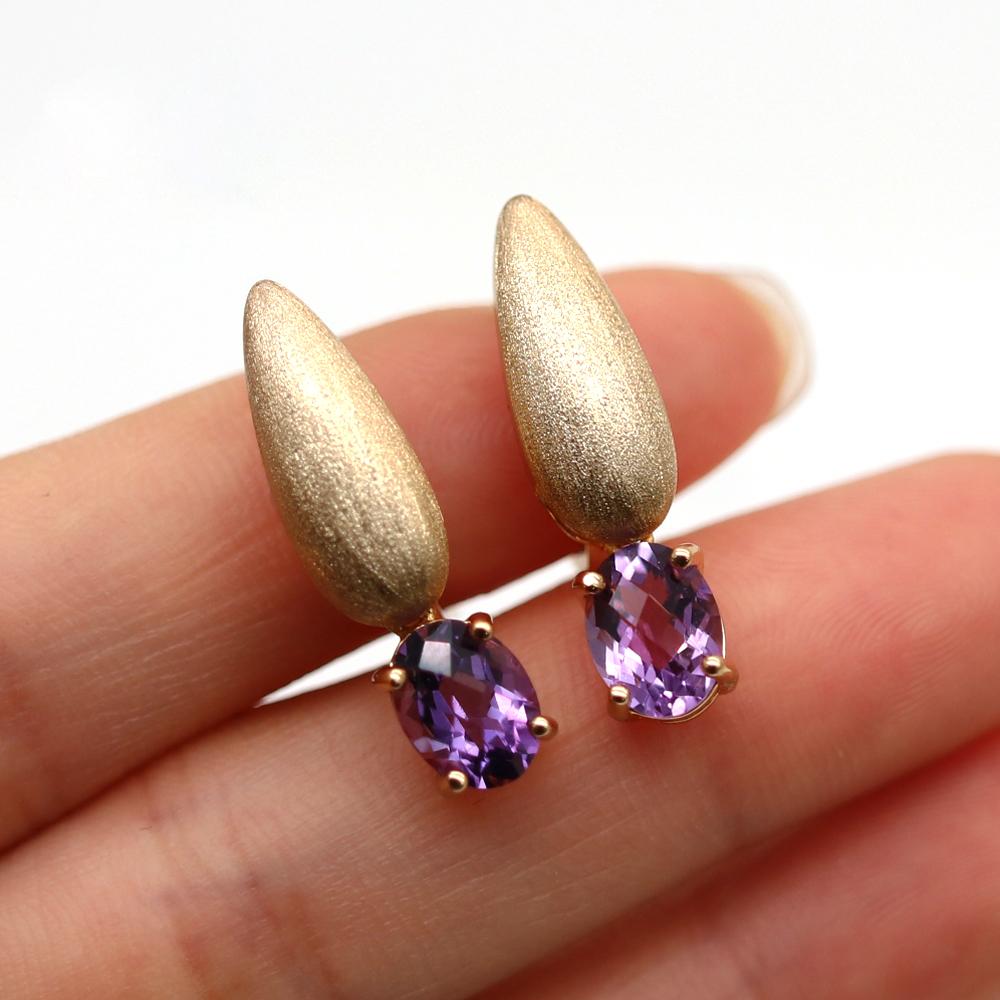 Bolaijewelry Checkboard Cut Natural Amethyst Oval 6*8mm Gemstone Ring Earrings Jewelry Set 925 Sterling Silver Fashion Women's Fine Jewelry
