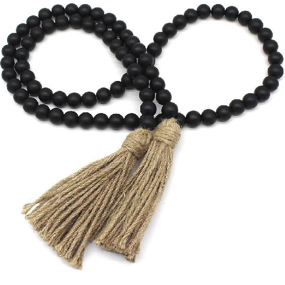 CVHOMEDECO. Wood Beads Garland with Tassels Farmhouse Rustic Wooden Prayer Bead String Wall Hanging Accent for Home Festival Decor. Mix Distressed