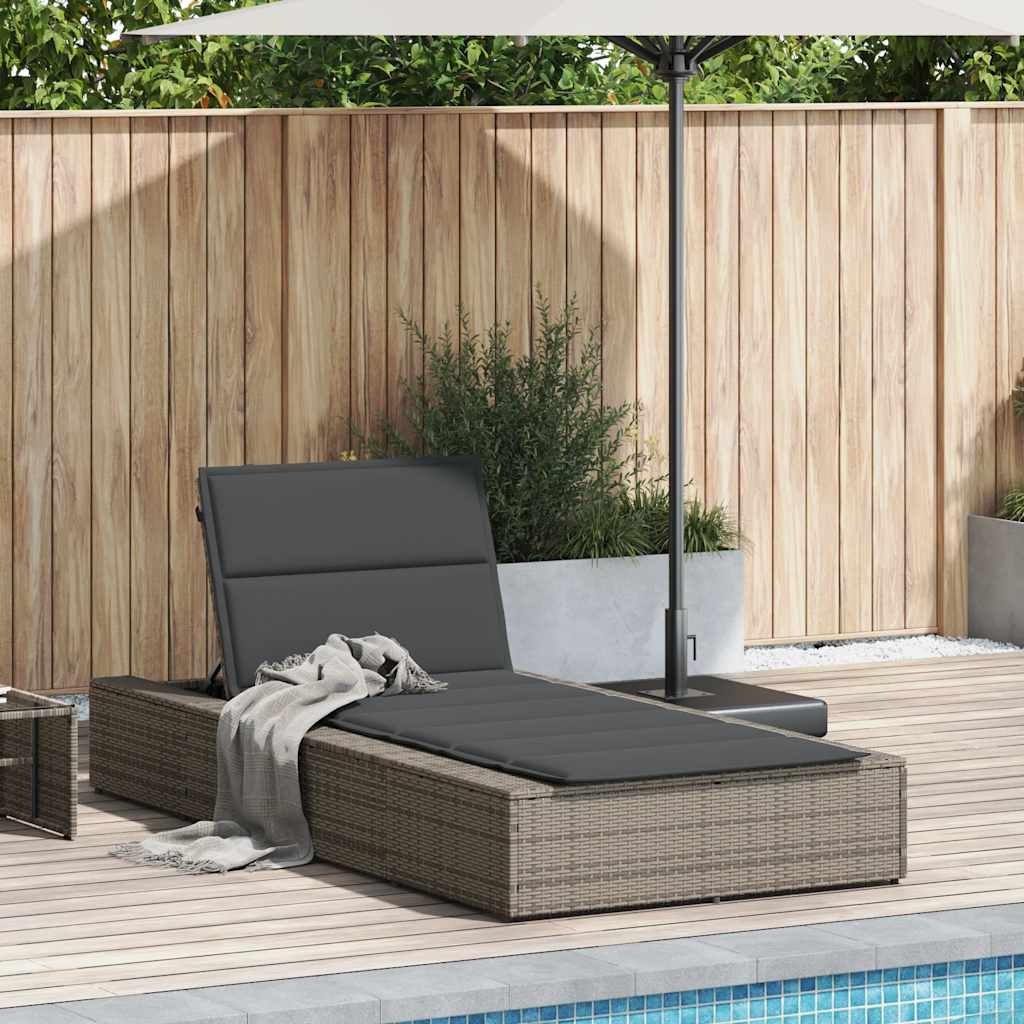 Sun Lounger with Floating Cushion Gray Poly Rattan