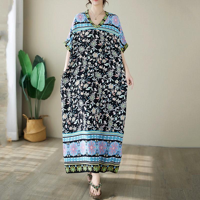 Новое хлопковое атласное платье с коротким рукавом больших размеров в винтажном стиле с цветочным принтом для женщин, повседневное свободное длинное летнее платье