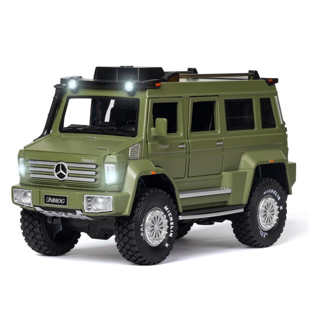Масштаб 1/28 Unimog U5000, литая под давлением модель автомобиля, игрушечный автомобиль с откатным механизмом, звуком и светом для детей, коллекция подарков для мальчиков и девочек