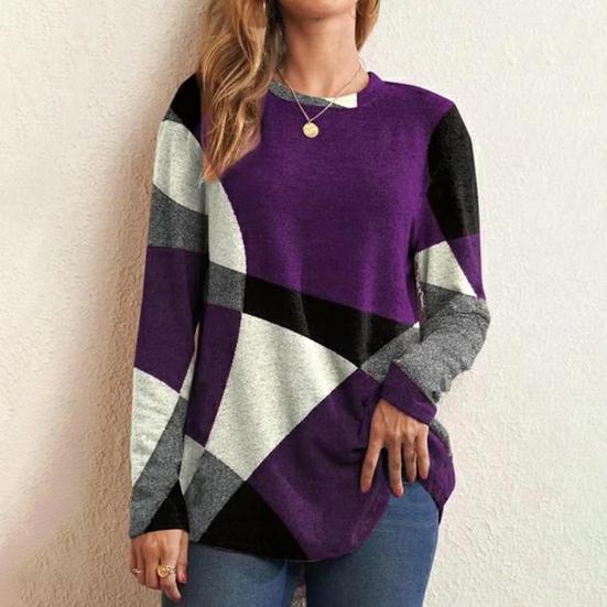 Women Tops Round Neck Long Sleeve Contrast Color Geometric Print Loose Fit Tee Shirt Casual Pullover Tops
