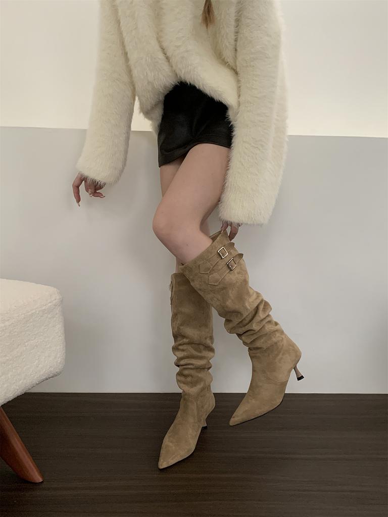 Мода остроносые женские ботинки челси высокие сапоги до колена замшевые зимние туфли-лодочки для вечеринок сапоги на тонком каблуке модные туфли для женщин