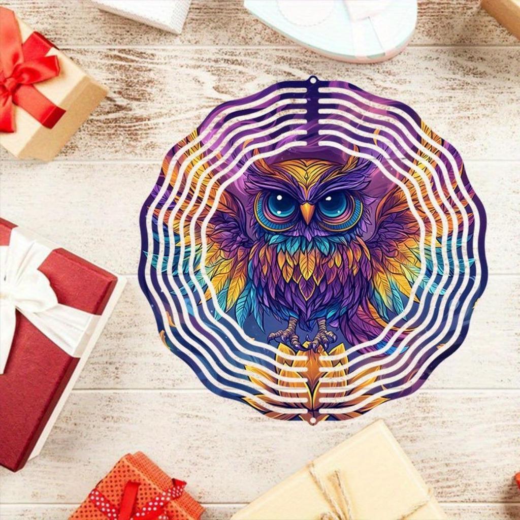 Purple Golden Owl Wind Chime with Stained Glass Outdoor Garden Decor 360 Rotating Hook No Battery Needed Easy Hang Home Art