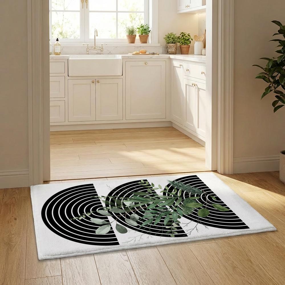Modern Green Leaves Flowers Floor Mat Flannel Door Mat Non-Slip Bedroom Living Room Home Decor