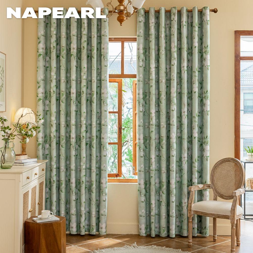 1PC NAPEARL Nordic Countryside Style Green Printed Curtains with Full Blackout Curtains for Bedroom Living Room Balcony Window for Home Decor