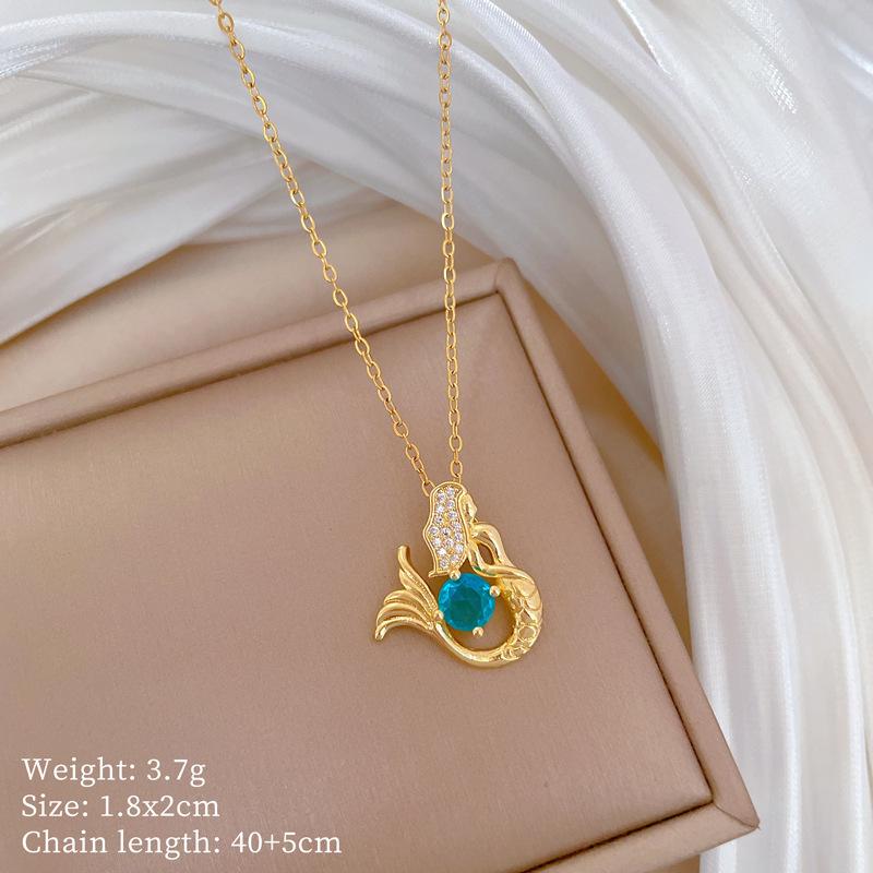 Sapphire Mermaid Light Luxury Temperament Gorgeous Full Diamond Necklace Female Versatile Collarbone Chain Titanium Steel Chain