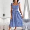 Women Spring Summer Halter Neck Sleeveless Casual Lace-Up Contrast Plaid High Waist Long Dress S-XL