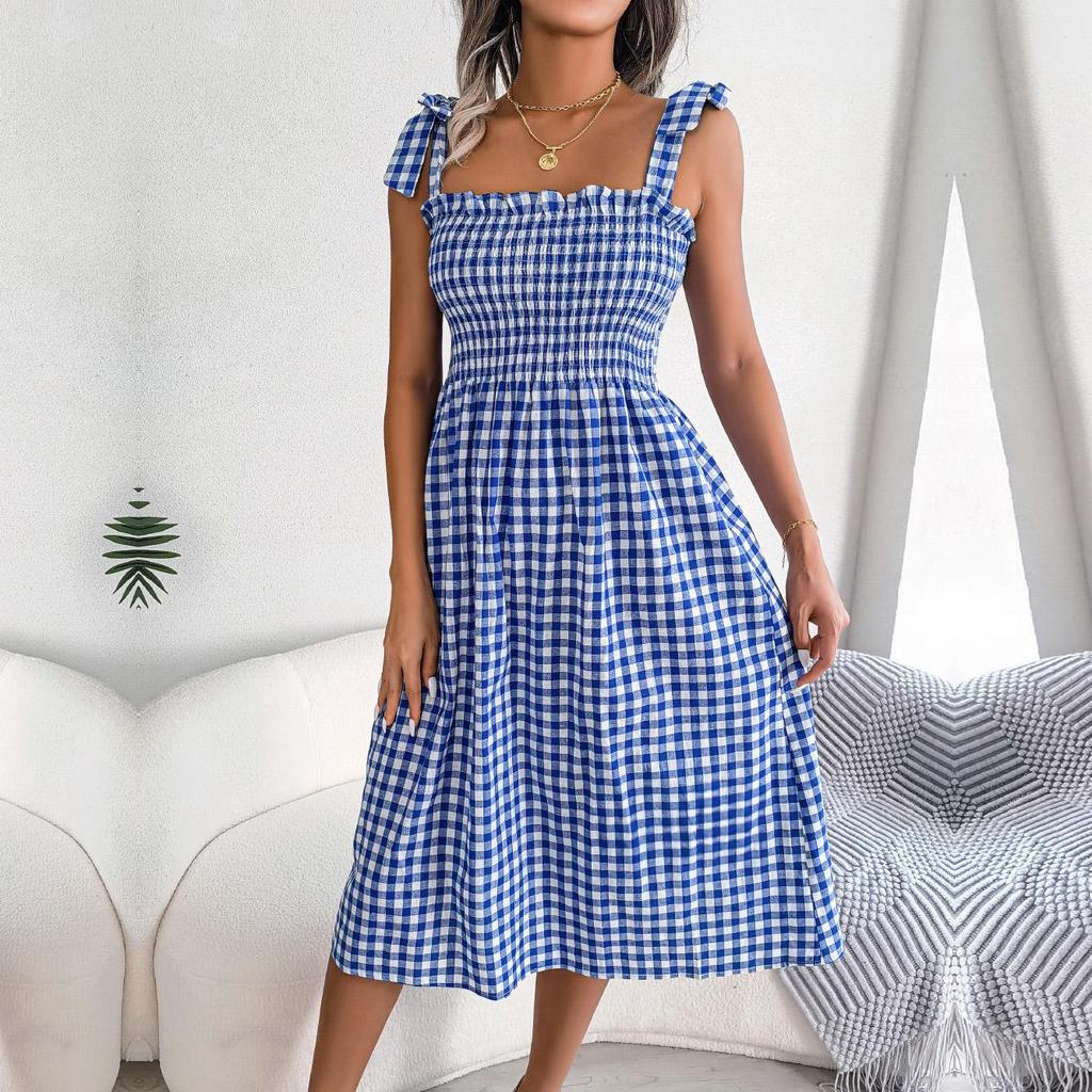 Женское повседневное платье без рукавов с лямкой на шее и лямкой на шнуровке, контрастное клетчатое длинное платье с высокой талией, S-XL