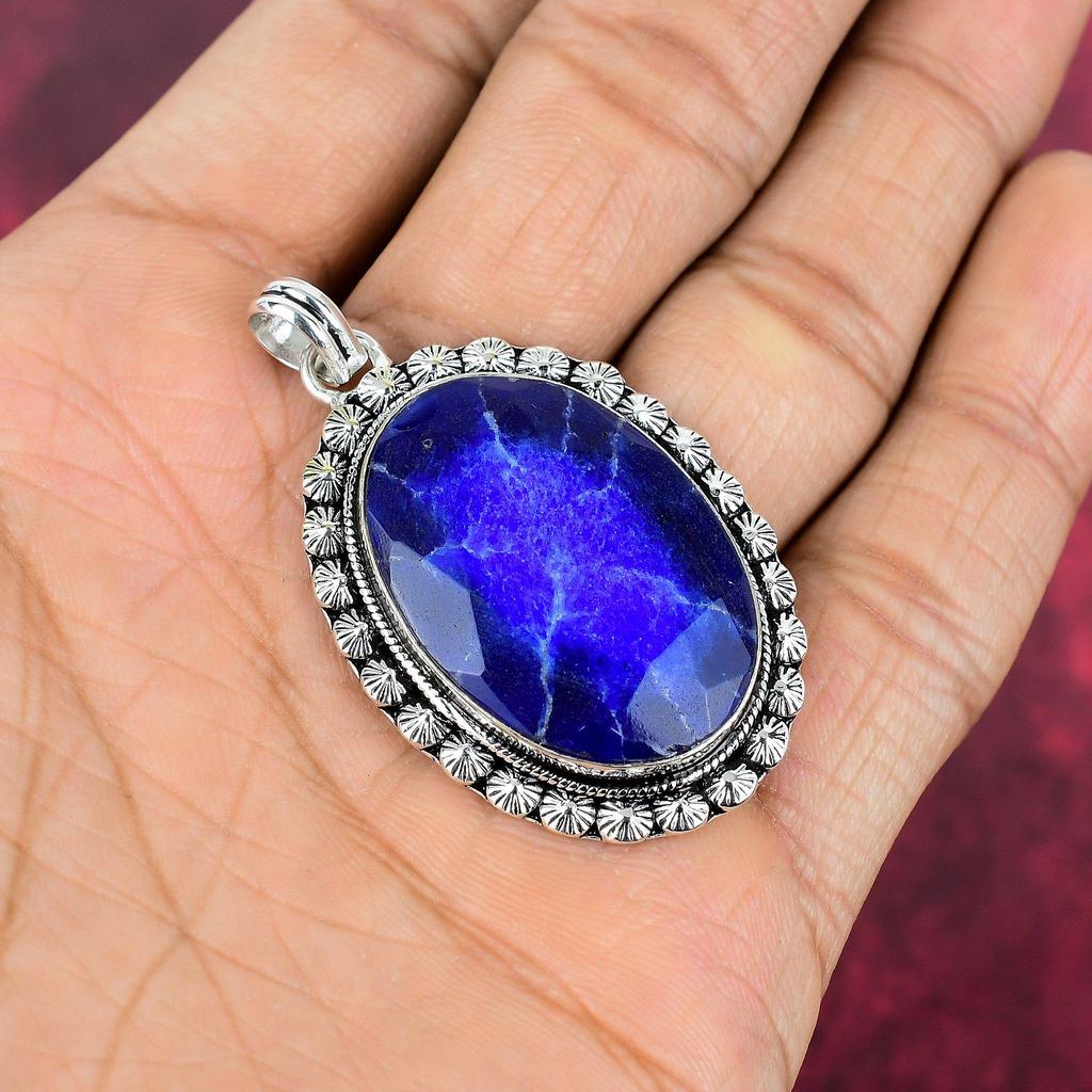 Blue Sapphire Pendant, Handmade Gemstone Pendant Jewelry, 925 Solid Sterling Silver Pendant Antique Jewelry, For Engagement Gift