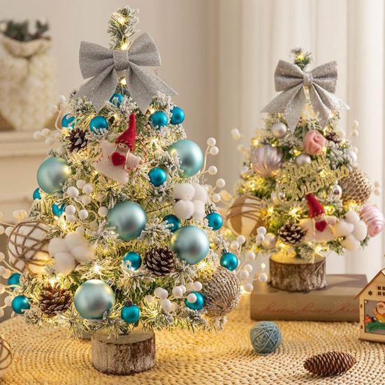 Yousheng Mini Christmas Tree with LED Light Pre-lit Small Artificial Snow Flocked Tree with Ball Ornaments for Xmas Tabletop Indoor Holiday Decor