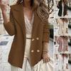 Women's Long Sleeve Tweed Double Breasted Blazer Jacket Notched Lapel Ribbed Open Front Fall Coat with Pockets