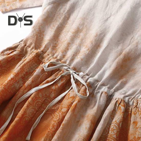 Женское летнее льняное платье больших размеров, повседневное платье-миди с цветочным принтом и круглым вырезом, рукавом 3/4, свободное струящееся пляжное платье-сарафан