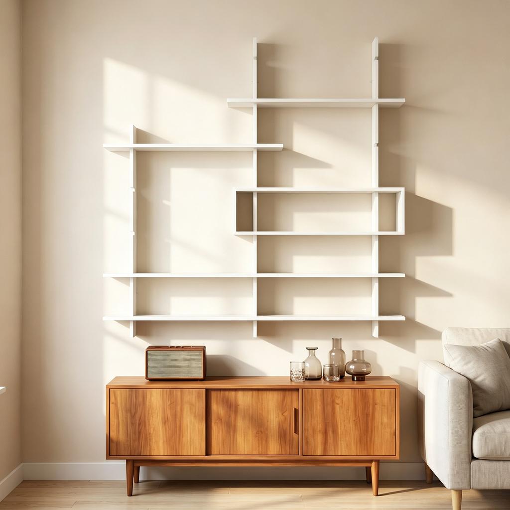 Wall Shelf Geometric Bookshelf With 4 Shelves White