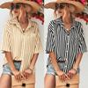 Fashion Summer Casual Short Sleeve Striped Single Pocket Women Shirt