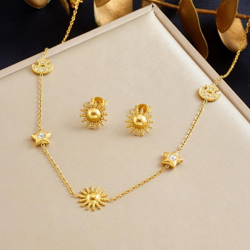 Gold Sun Moon Star Jewelry Set with Crystal Necklace and Earrings for Women