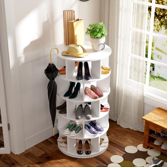 Shoe Rack Rotatable Angle White Finish Round 5 Tiers Stable Base Large Capacity Wooden Shoes Storage Stand Home