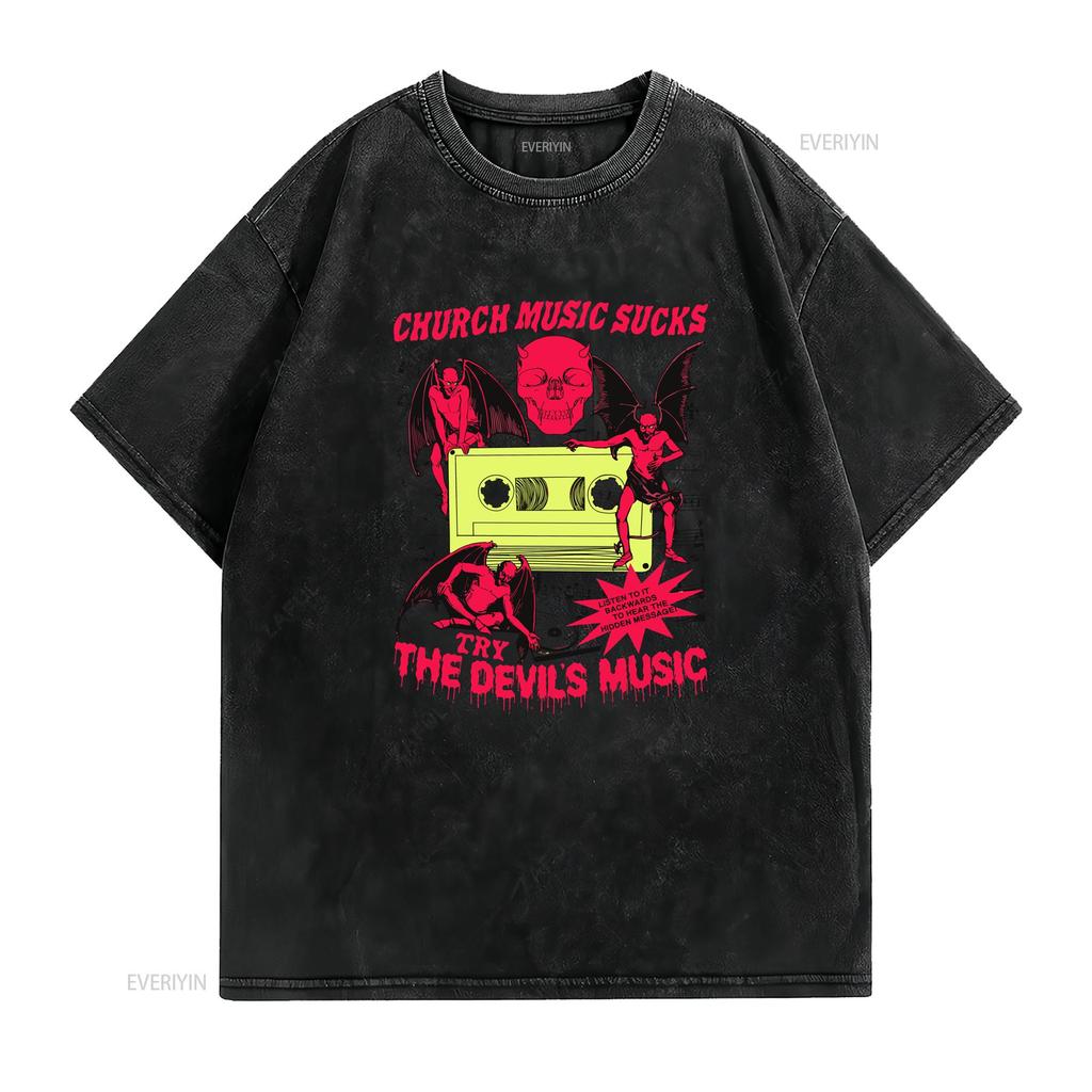 Church Music Sucks Try The Devils Funny Horror Retro Heavy Metal T Shirt vintage Washed fashion designer clothes Unisex Soft