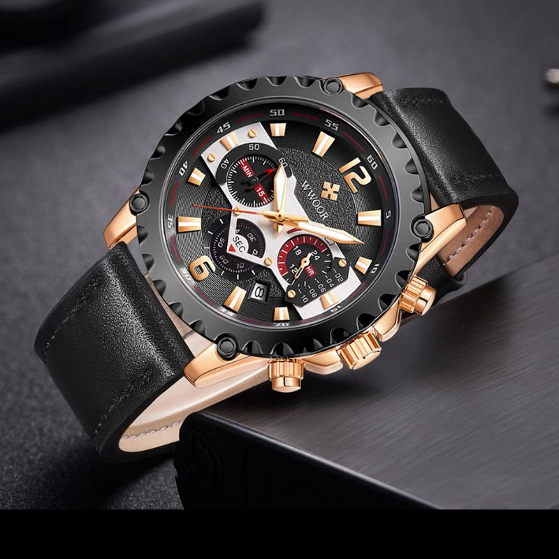 WWOOR Мужские часы с кожаным ремешком, повседневные деловые мужские часы, водонепроницаемые модные кварцевые мужские часы