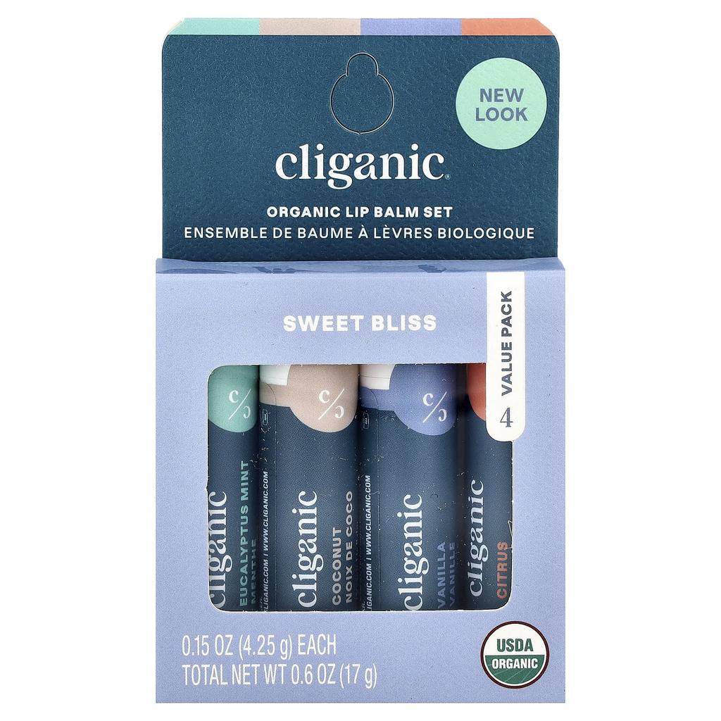 Набор органических бальзамов для губ Cliganic, Сладкое блаженство, 4 шт., 4,25 г (0,15 унции) Каждый