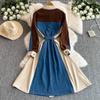 Lace Up High Waist Women 2025 Dresses Patchwork Denim Dresses Laple Long Sleeve Dress  Femininos French Style Clothing