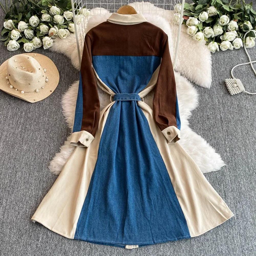 Lace Up High Waist Women 2025 Dresses Patchwork Denim Dresses Laple Long Sleeve Dress Femininos French Style Clothing