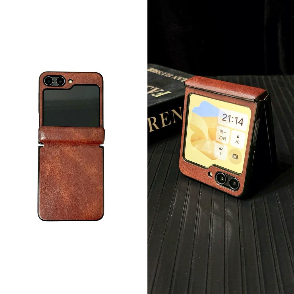Чехол-книжка Samsung Galaxy Z Flip7 из кожи Crazy Horse с защитной крышкой из матового материала с текстурой кожи