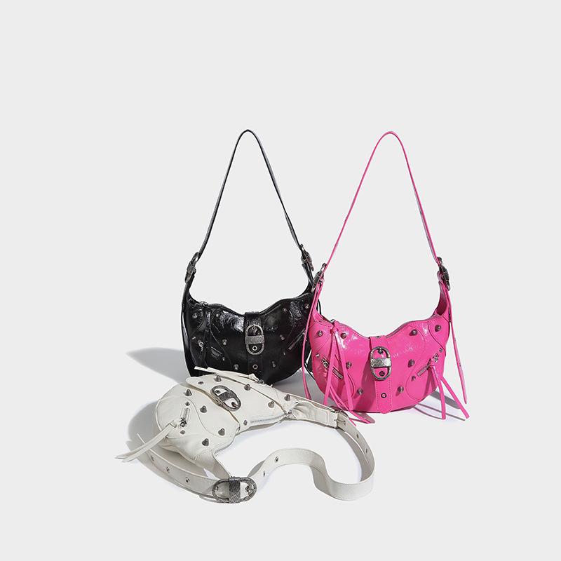 Waxed Leather Armpit Bag for Women Rivet Bag Cross Shoulder Bag High Quality Armpit Fashion